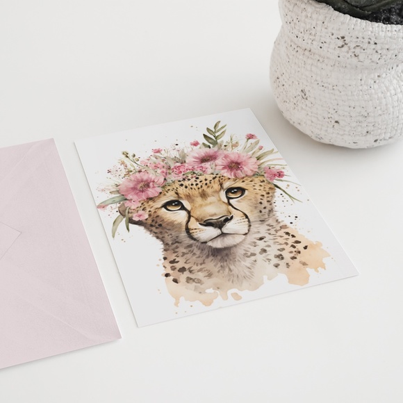 Cute Floral Cheetah Watercolor Wall Art Illustration Print Poster Card Unframed - Picture 6 of 8